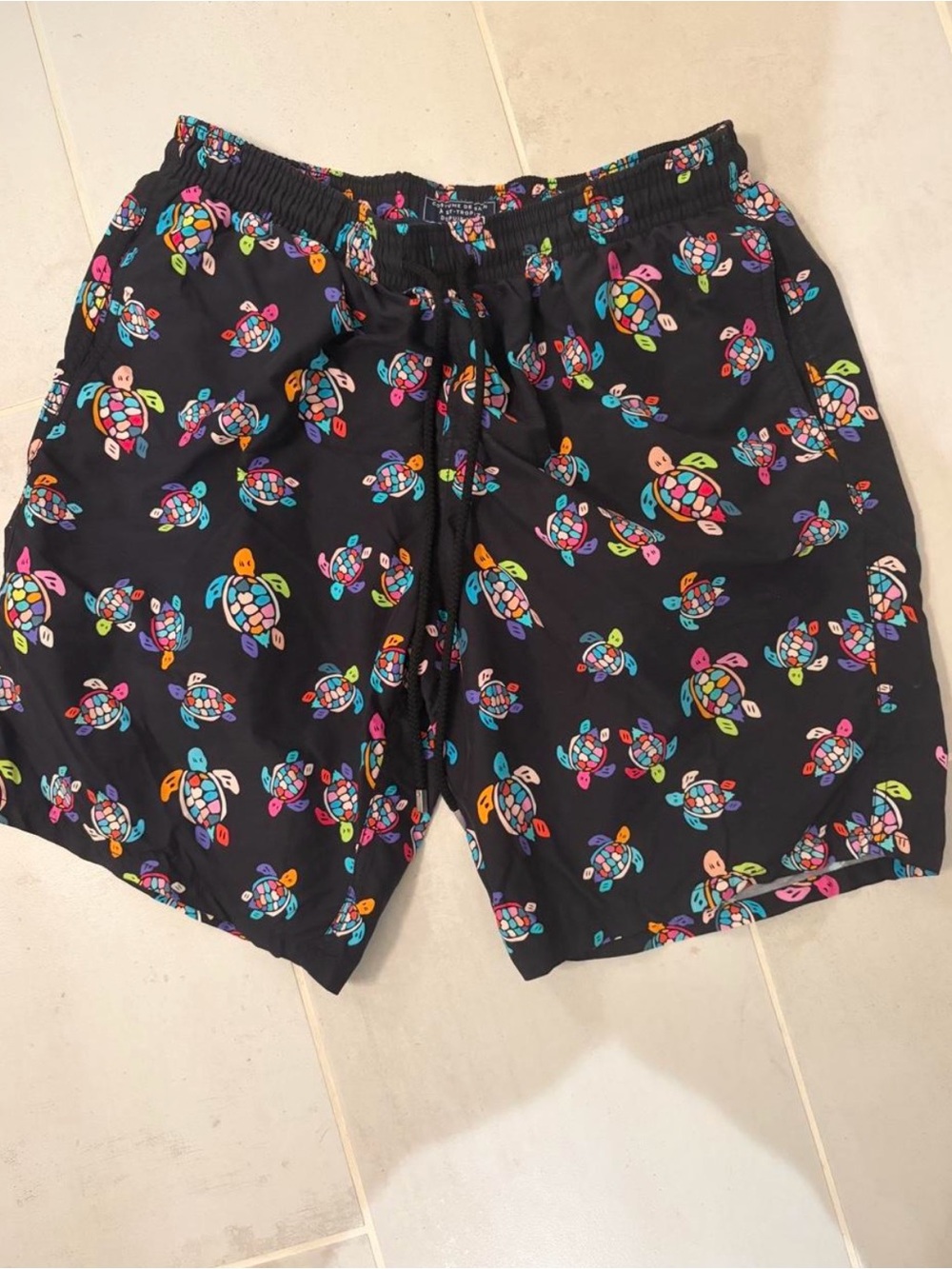 Vilebrequin Black Swim Trunks with Multicolor Turtle Motif